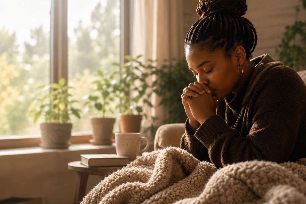 A woman in quiet prayer by a sunlit window