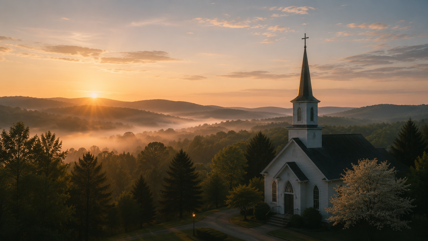 White church on a hillside at sunrise over a misty valley — looking ahead in hope