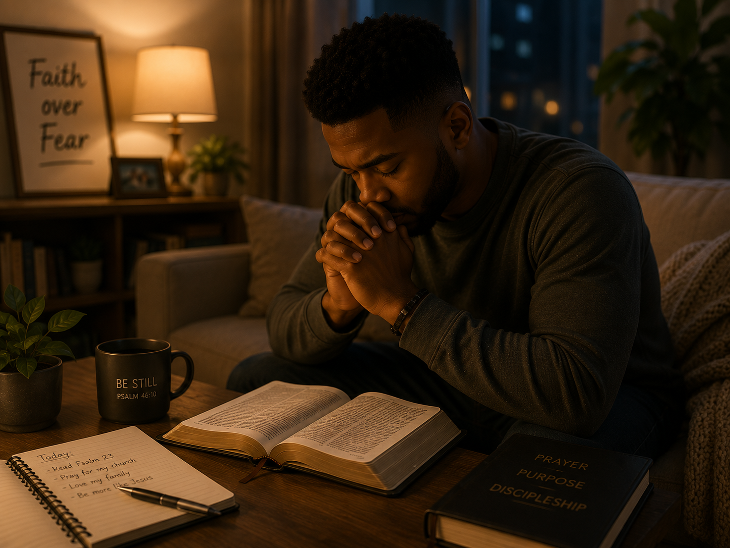 Someone in prayer at home with an open Bible — personal weekday discipleship