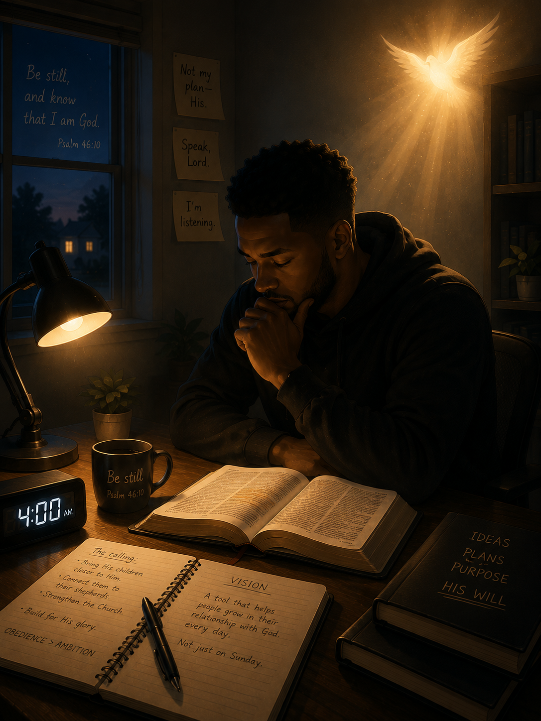 Early morning at 4:00 a.m. — quiet study with Scripture, prayer, and a prompting from the Holy Spirit